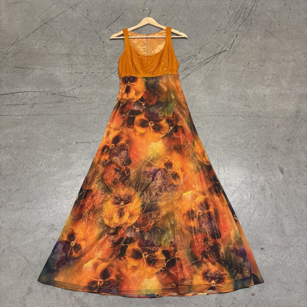 Vintage Crushed Velvet Maxi Dress Mod Floral Orange Gown Empire Velvet 60s 70s